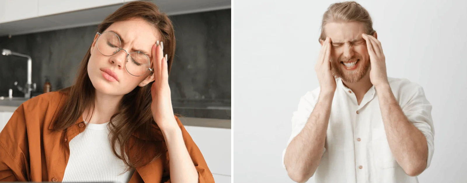 Woman and man experiencing severe migraine attack, showing common symptoms of headache and pain